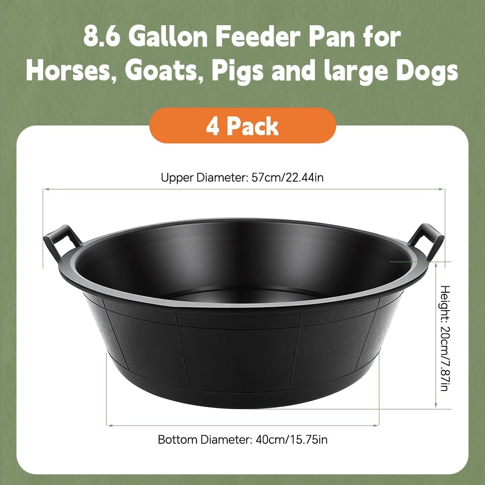 4 Pcs Rubber Feeder Pan, 8.6 Gallon Rubber Feed Pan Utility Horse Feed Bucket Dog Bowl, Suitable for Horses, Goats, Chicken, Cats, Dogs, Dust Bath Container