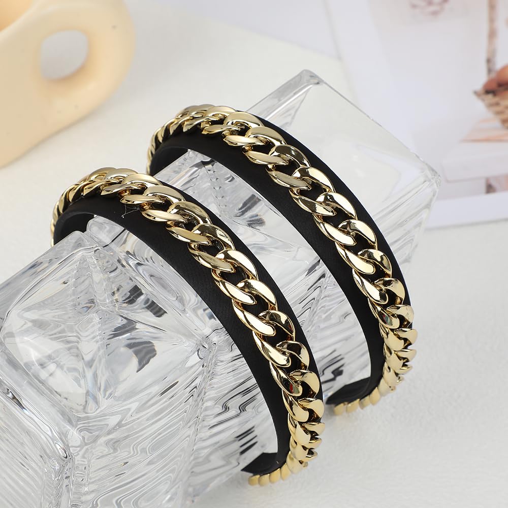 Black Gold Chain Headband 2Pcs, Chained Headband for Women Slip Punk Style, Wide Fashion Hair Band - Image 3
