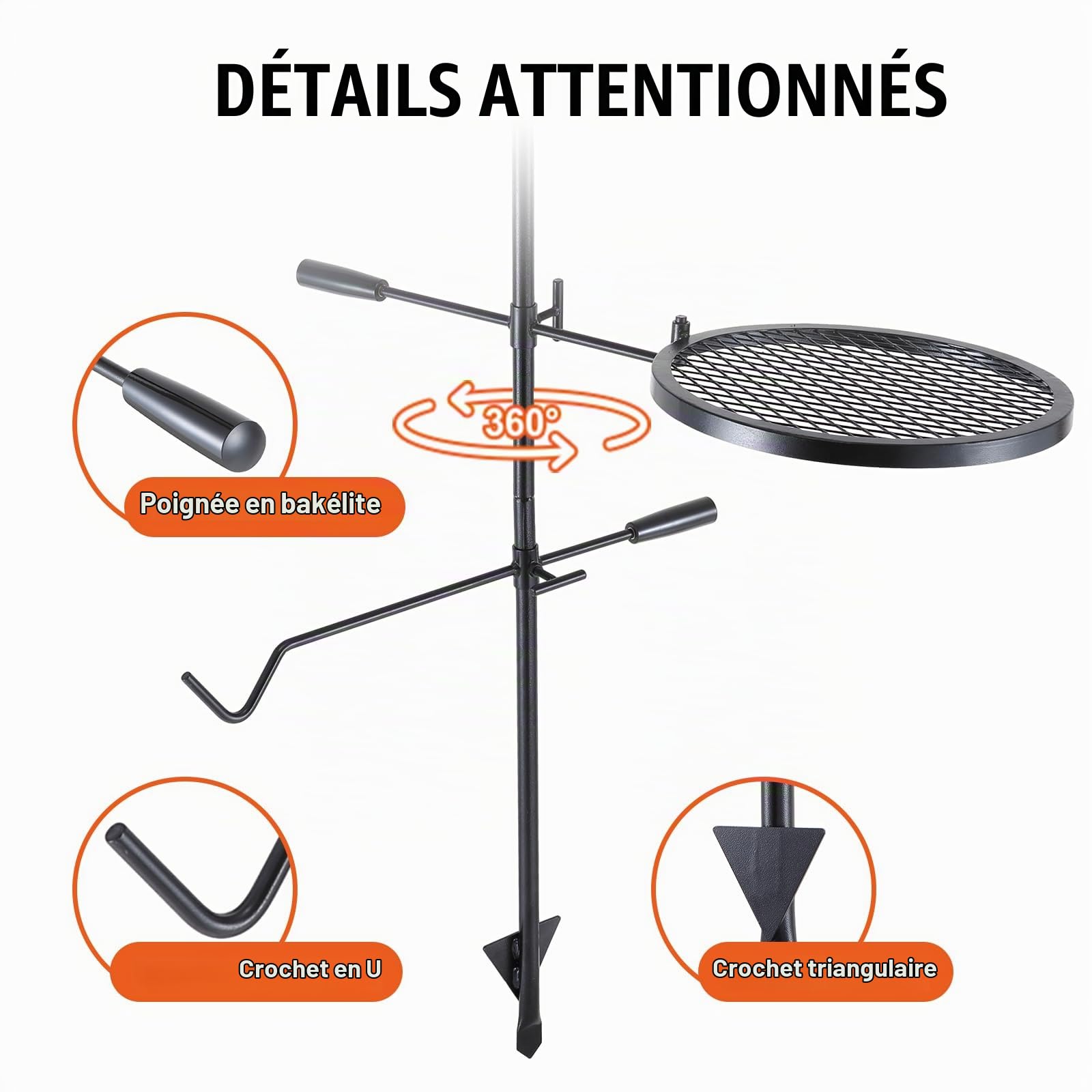 VEVOR Grille de Feu de Camp Pivotante avec Poteau 122,5 cm Gril de Camping 2 Couches 1 Filet en Diamant 36x36 cm 1 Crochet Grille de Cuisson en Acier Hauteur Réglable pour Foyer Barbecue en Plein Air