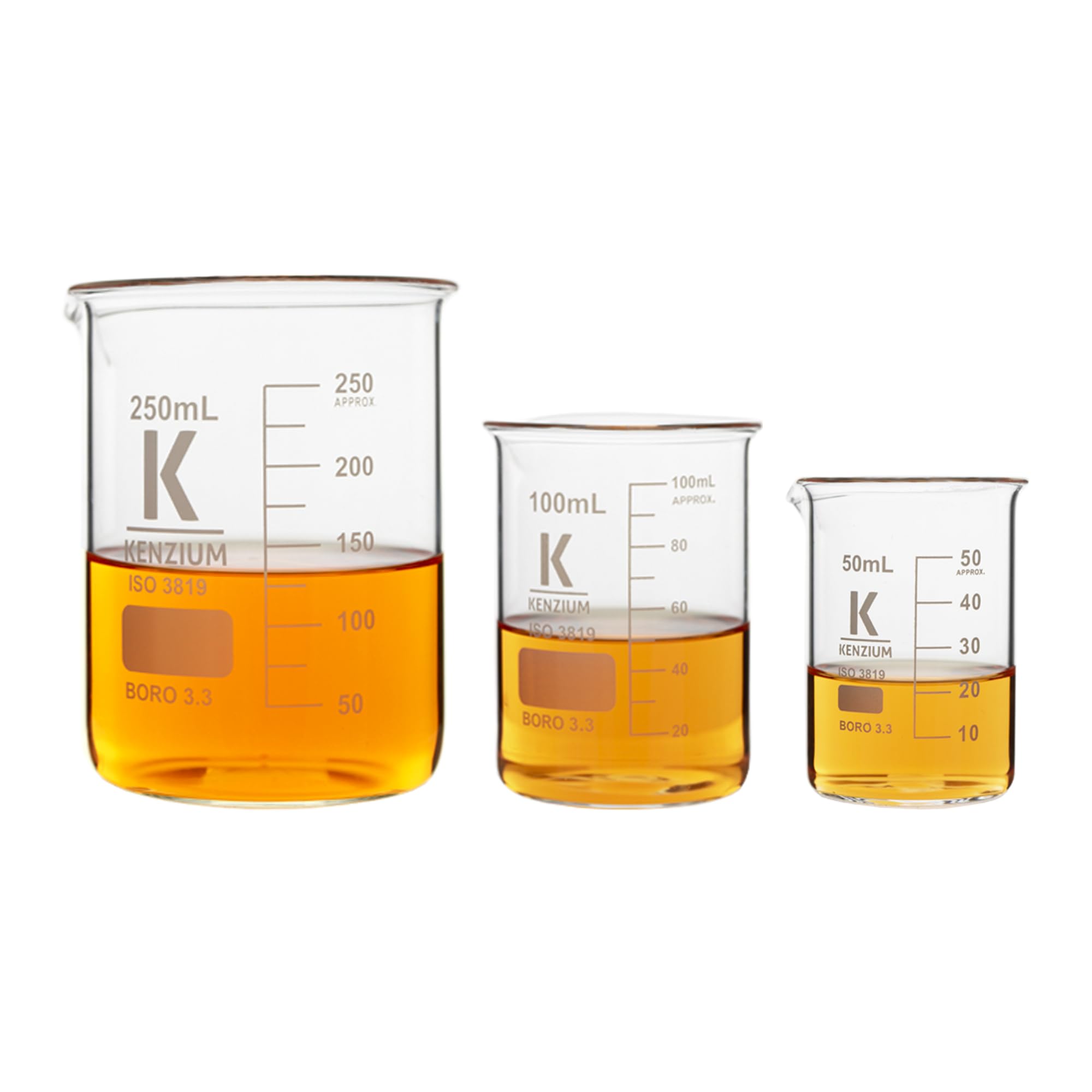 KENZIUM - Confezione 3 x Bekers | Volumi: 50 ml, 100 ml e 250 ml | Vetro borosilicato 3.3 | Forma bassa | Graduato con beccuccio versatore | Per tutti i tipi di campioni | Alta Resistenza,