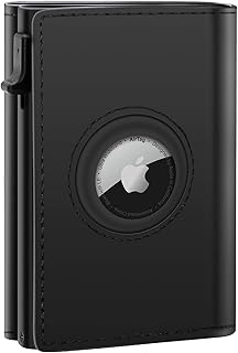 Wallet for Men [Top Grain Leather] AirTag Wallet [Quick Access] RFID Blocking Minimalist Wallet for Men Up to 11+ Cards (AirTag Not included)(Black)