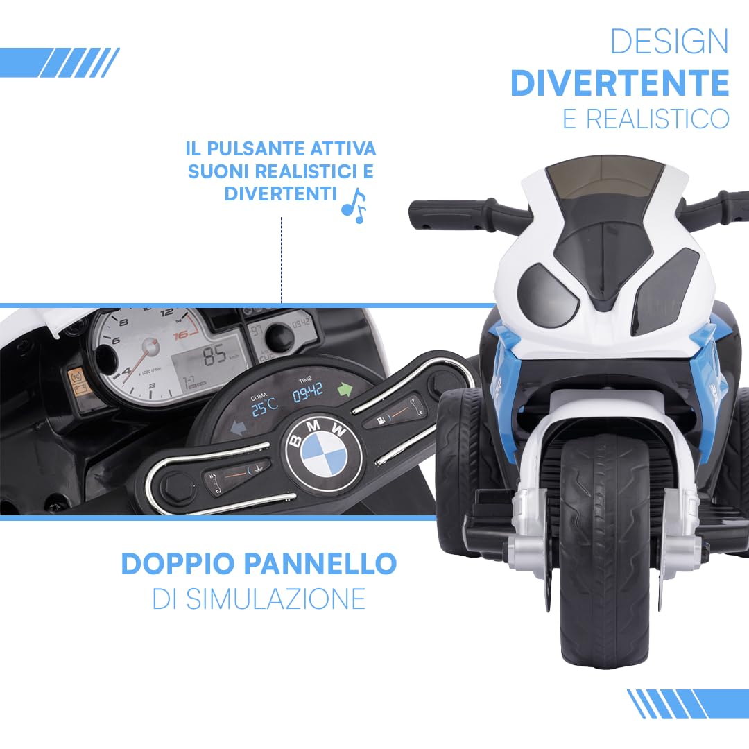 Baroni Toys Moto Giocattolo Elettrica BMW con Licenza per Bambini 1-4 Anni, Design Realistico, Manubrio Sterzante, Pedale di Accelerazione e Fanali e Suoni Funzionanti, 66x37x44 cm, Blu