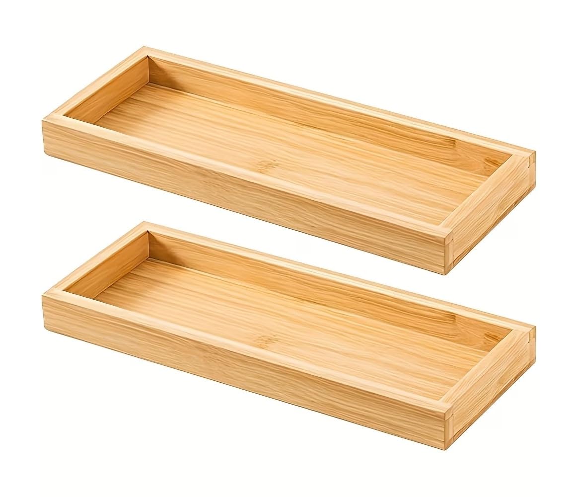 2 PCS Bamboo Tea Serving Tray 29 x 10cm β Decorative Multi-Use Bathroom & Vanity Counter Tray with Raised Edges β Wooden Dresser Organiser for Coffee, Tea, Snacks, Candles & Tissues