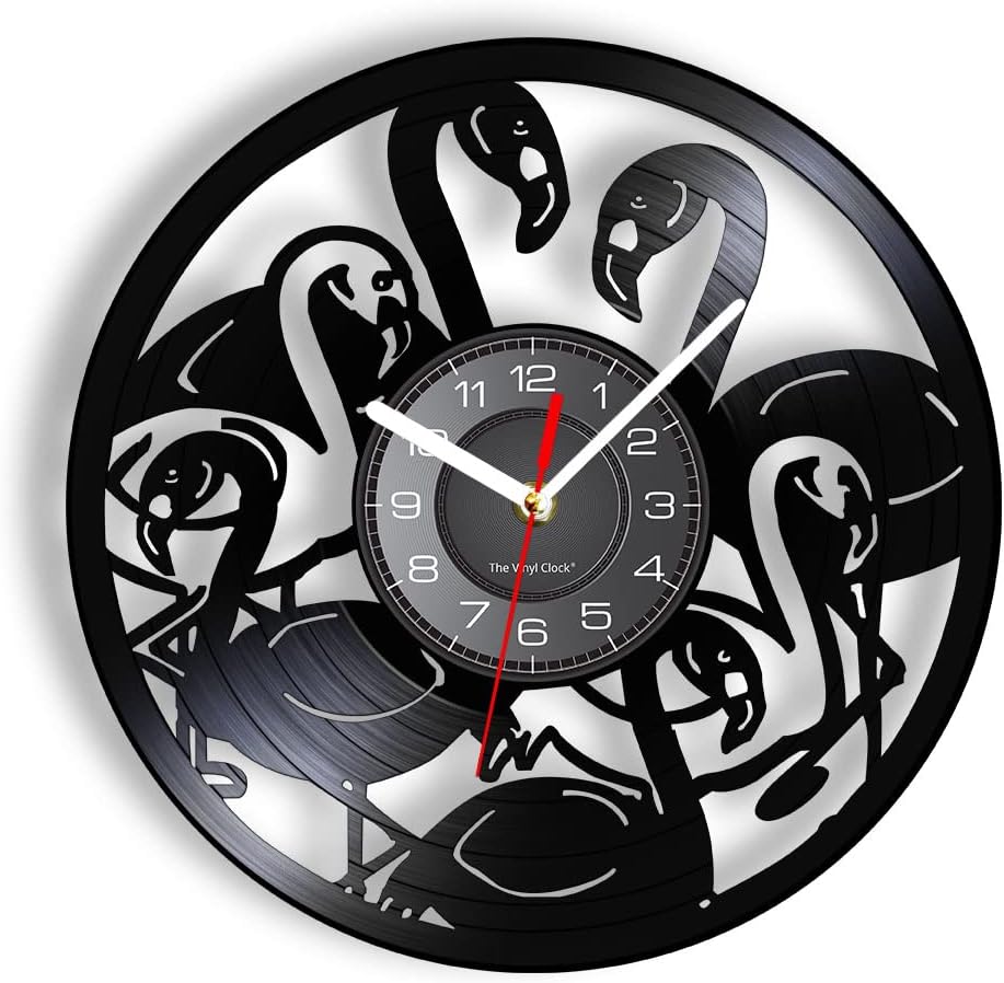 12'' Flamingo Silhouette Wall Clock, Fashion Minimalist Modern Silent Non Ticking Battery Operated Vinyl Record Clock Watch Tropical Flamingo Unique Gift Idea Living Room Bedroom Decor