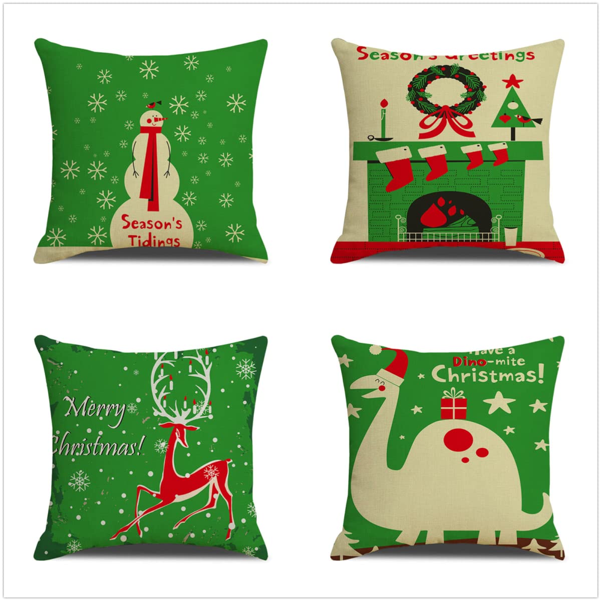 Vert de Noël Housses de Coussin 50x50cm avec Fermeture Glissière Invisible Housse Coussin Lot de 4, Double Face Lin Motif Imprime Taie Oreiller pour Canape, Chambre ou Voiture Coussin Decoratif J-1551