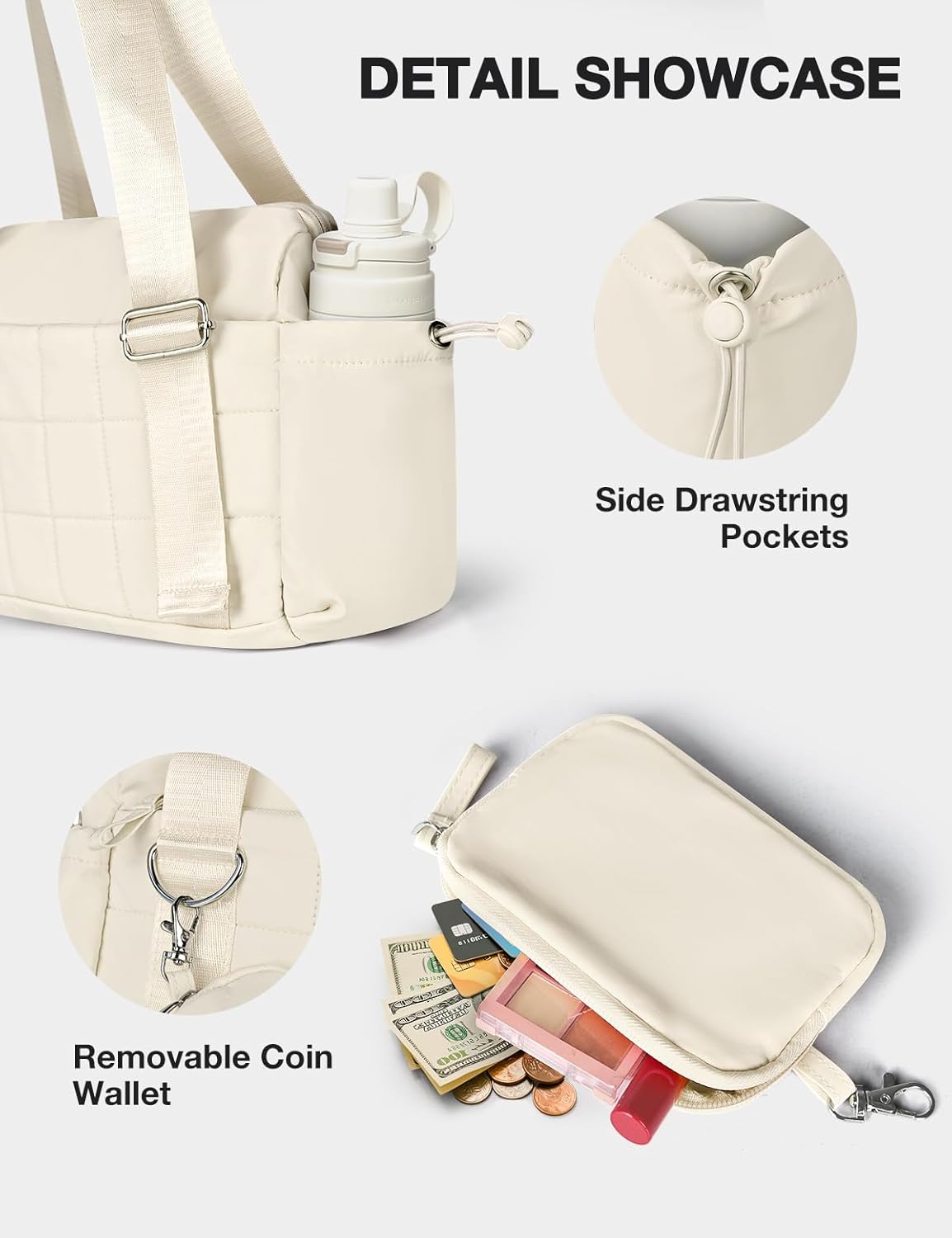 VUUDH Mini Gym Bag for Women Puffy Bag, Small Gym Bag with Coin Wallet, Lightweight Gym Tote Bag for Fitness, Work, Travel, Daily Commute,Beige