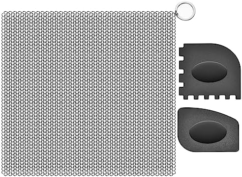 SUBEKYU Anti-Scratch Cast Iron Scrubber with Pan and Grill Scrapers, 316 Stainless Steel Chain Mail Scrubber Cast Iron Cleaner, Metal Cleaning Kit Tools Include Chainmail Scrubber, 7.1″x7.1″