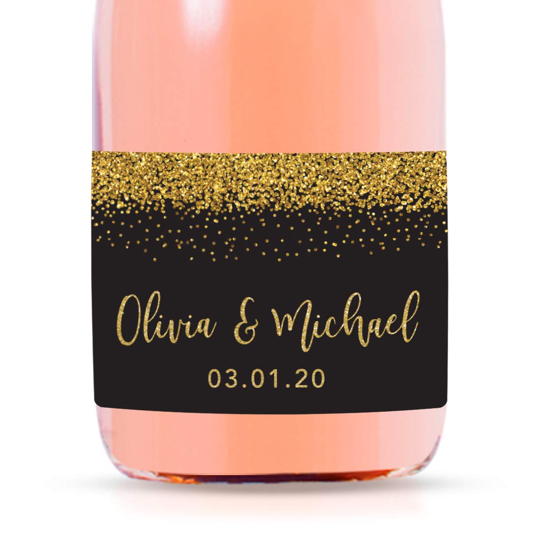 Andaz Press Personalized Mini Champagne Wine Bottle Labels, Black Faux Gold Glitter, 20-Pack, Custom Mini Champagne Labels Mini Champagne Bottle Labels Champagne Bottle Sticker Wedding Favors
