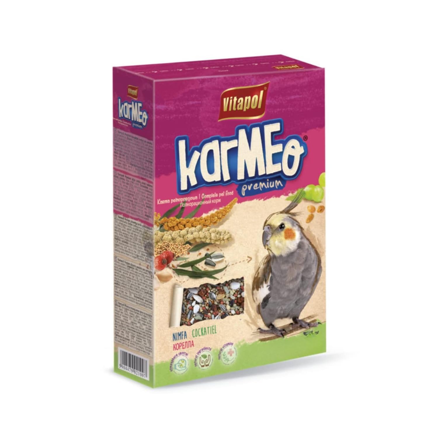 vitapol karmeo premium cockatiel food 400 gram | complete balanced diet with millet, flax seeds, sunflower seeds, fruits & herbs | supports digestion, feather health & daily nutrition