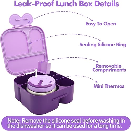 Miniatura 7 de Lonchera con caja Bento con 4 compartimentos, con tarro térmico a prueba de fugas, bolsa de almuerzo aislada de pana preppy para mujeres, niñas,