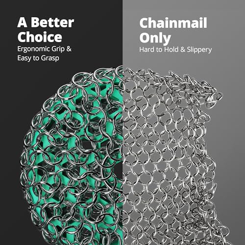 Image of Greater Goods Chainmail Scrubber, Silicone and Stainless Steel Chainmail Scrubber for Cast Iron Pans, 1pc, Designed in St. Louis, Teal