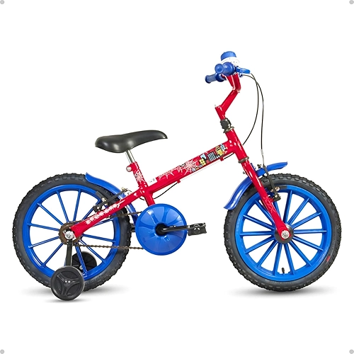 Bicicleta Infantil Menino Aranha Aro 16, Azul e Vermelho, Quadro em Aço Carbono, Com Rodinhas de Treinamento, Para 4-7 Anos, Capacidade 30kg