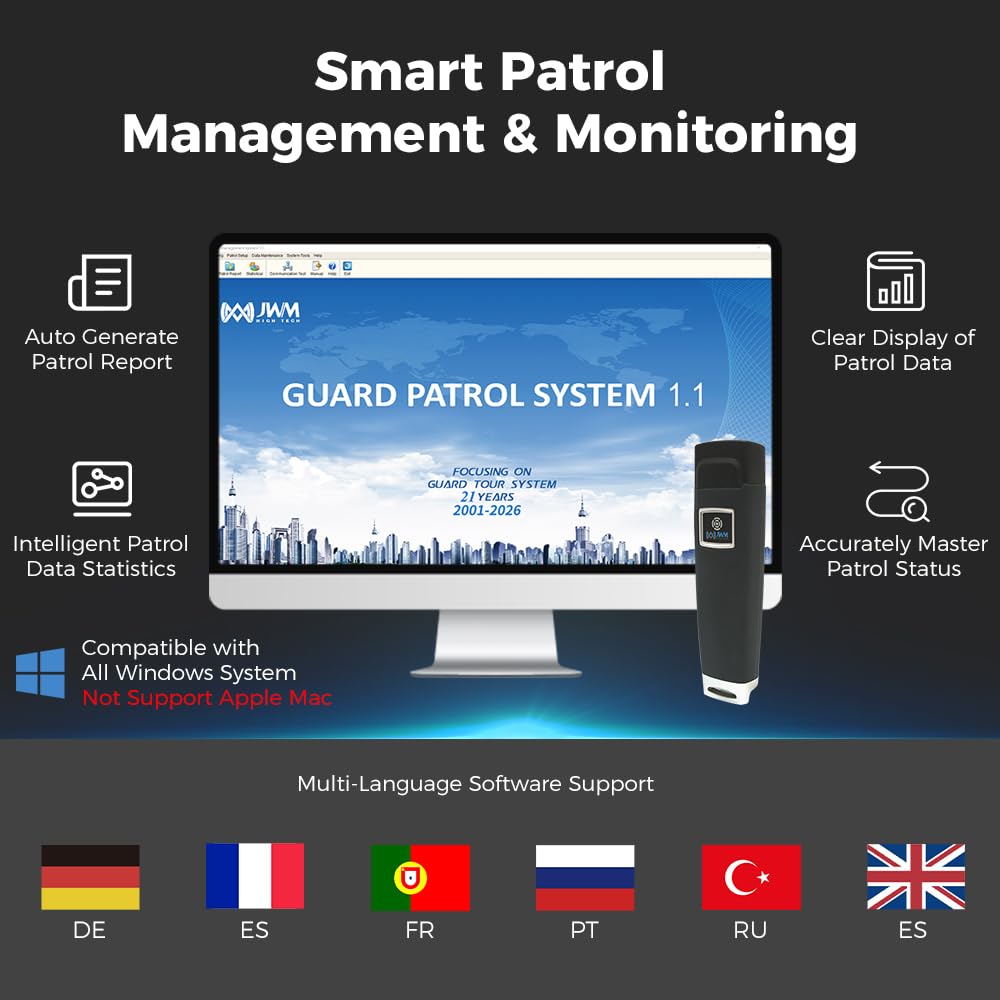 JWM RFID Guard Patrol System - Varita de seguridad con pantalla LCD | Software de gestión multilingüe gratuito, para industria, hospital, almacén, hotel y logística