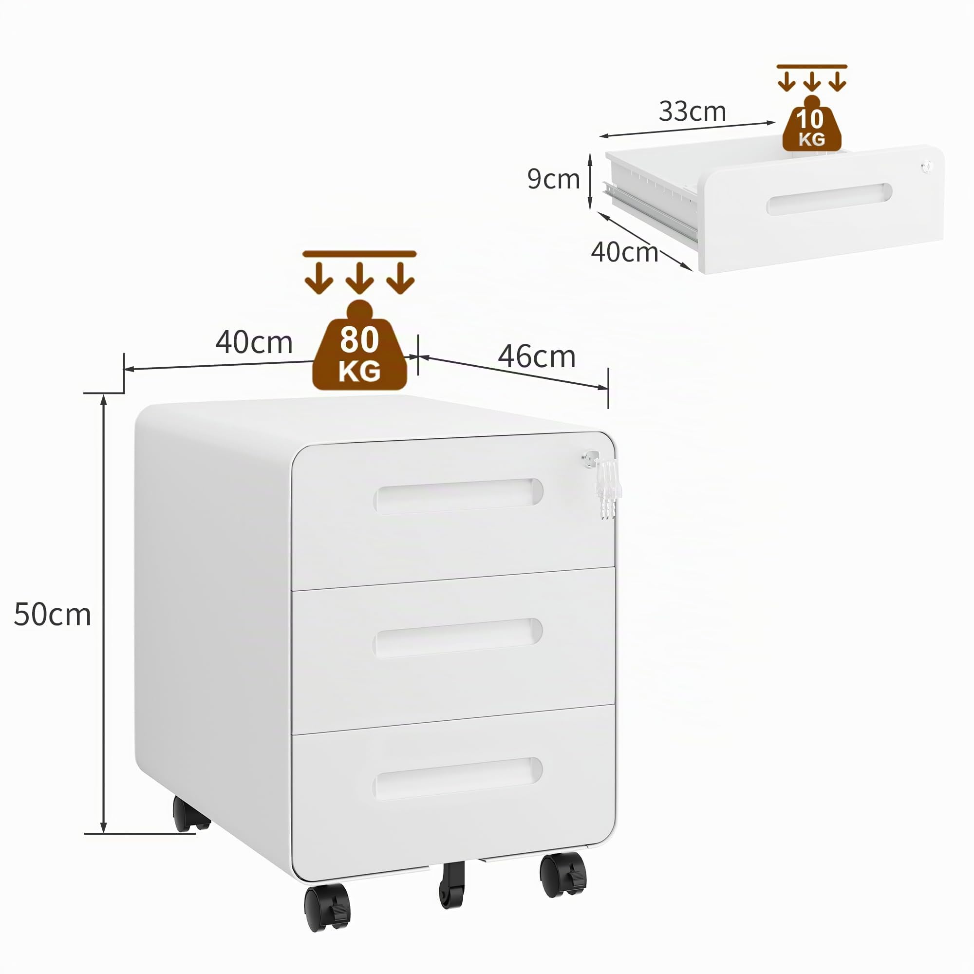Caisson Bureau, Verrouillable, À 3 Tiroirs, Meuble Bureau, Conception à Coins Arrondis, 4 Clés, Prémonté, Télétravail et Blanc