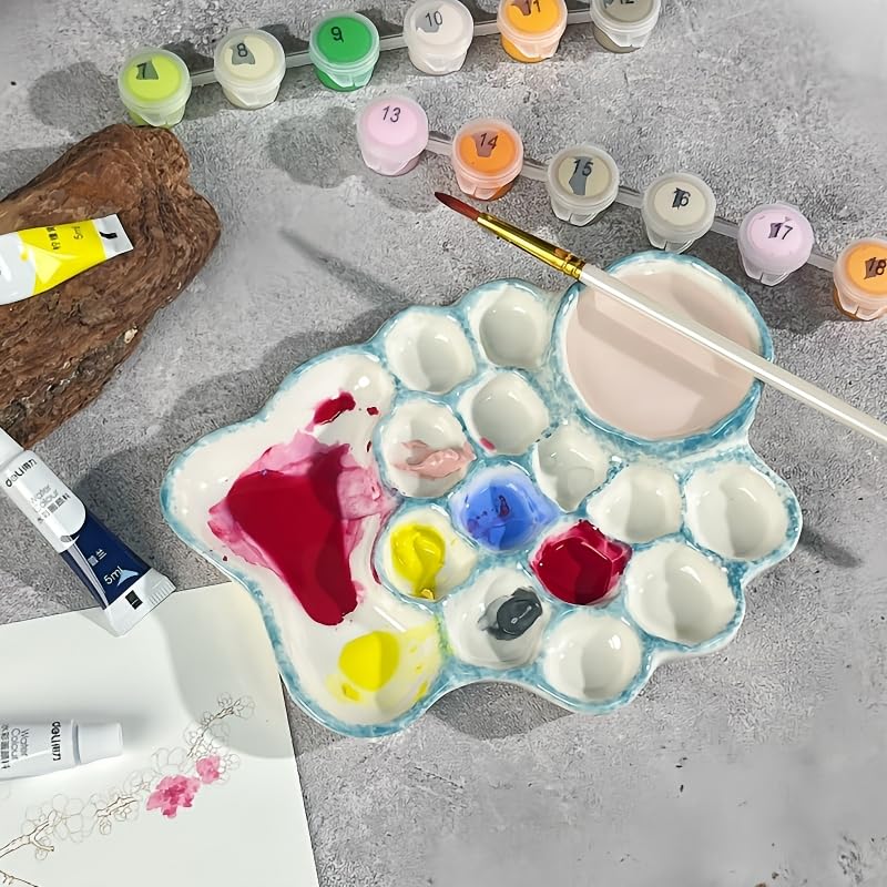 ANLYAWX Ceramic Palette with Water Bowl - Blue Artist Palette for Watercolor Gouache and Other Paints with Built-in Water Bowl for Easy Painting and Cleanup