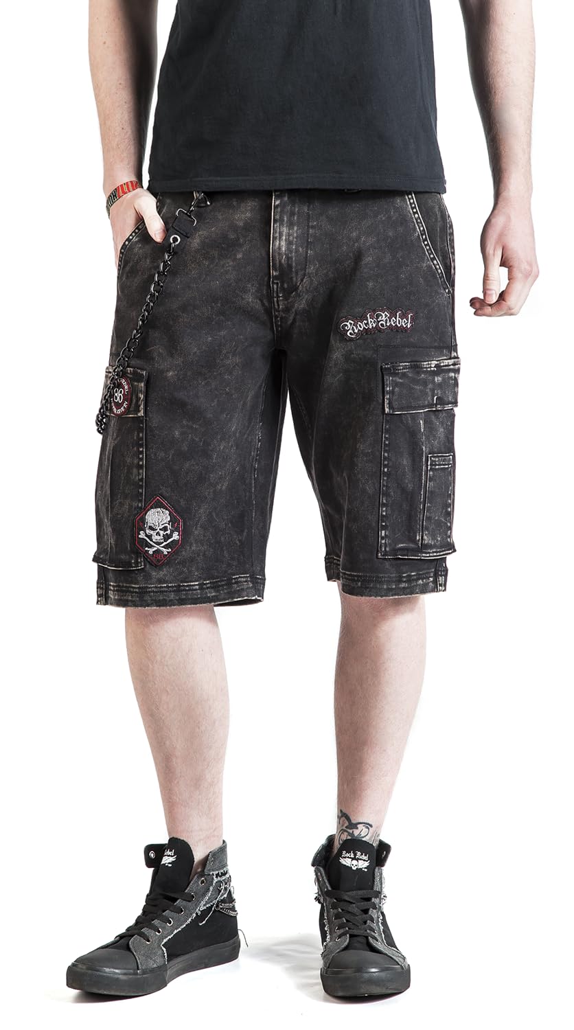 Rock Rebel by EMP Herren graue Jeans-Shorts mit Patches und Ketten