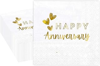 Happy Anniversary Napkins - 100 Pack Elegant Disposable Cocktail Napkins for Wedding, Engagement, Romantic Dinner, Birthday & Party Celebrations (100)