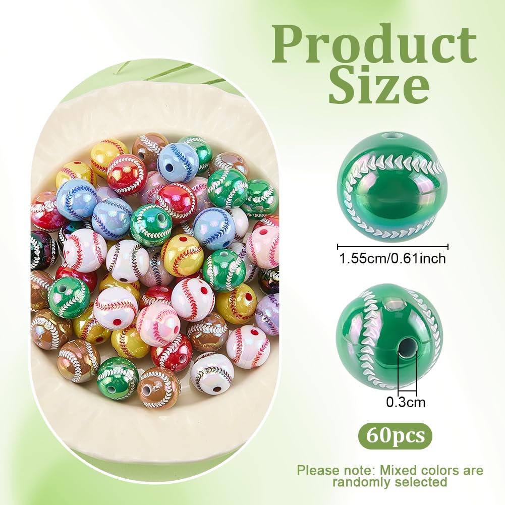 OLYCRAFT 60 cuentas acrílicas de béisbol de 15,5 mm, cuentas deportivas iridiscentes, cuentas espaciadoras sueltas, cuentas de sóftbol chapadas en rayos UV con agujero de 3 mm para hombres y mujeres