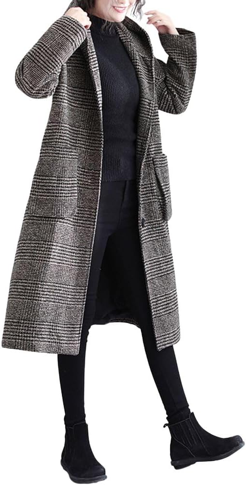 chouyatou Women's Retro Houndstooth Plaid Single Breasted Long Wool Coat with Hood