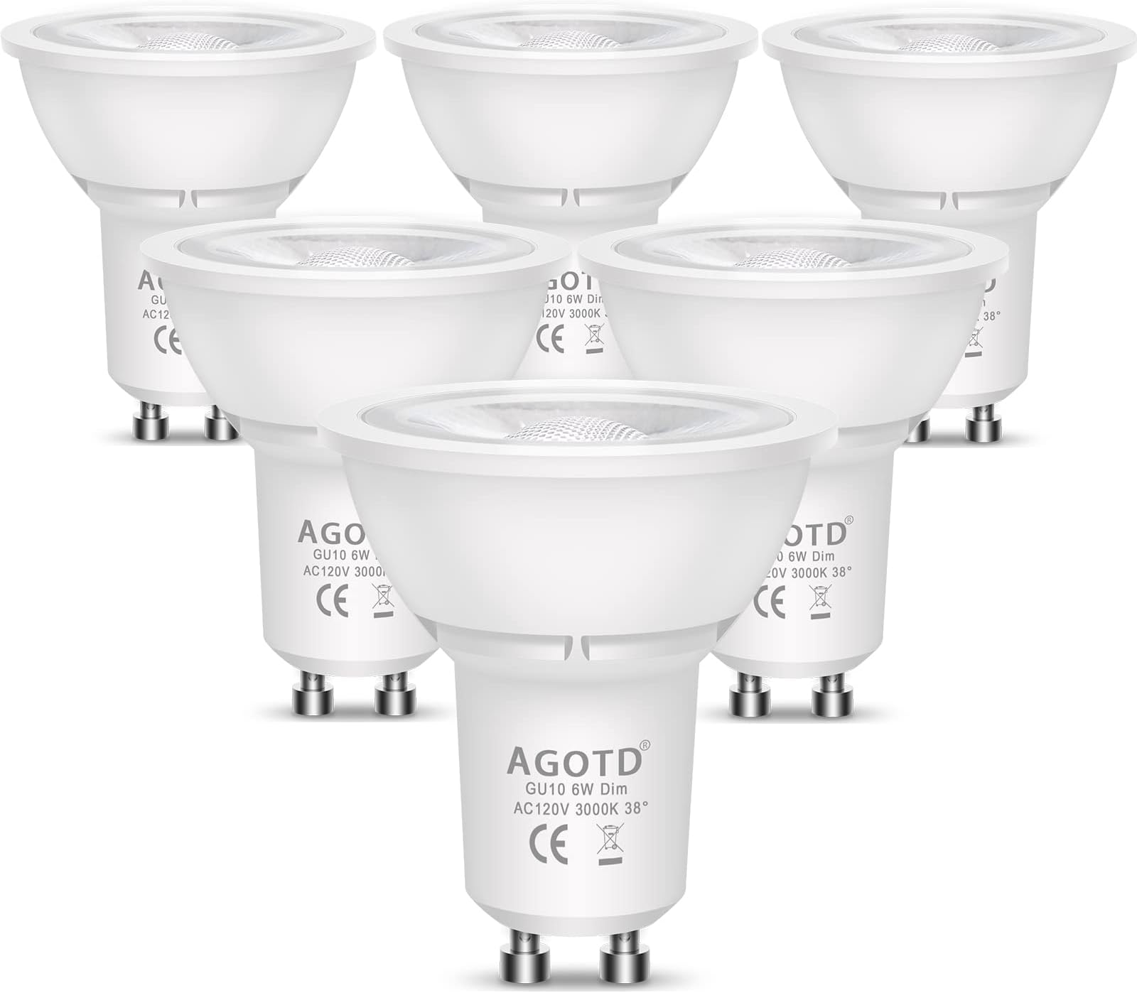 GU10 6W Dimmable LED Light Bulbs,50W 60W Halogen Bulb Equivalent, 120 Volt, Soft White 3000K 500lm Recessed Lighting, 38° Beam Angle Spotlight, 6 Pack