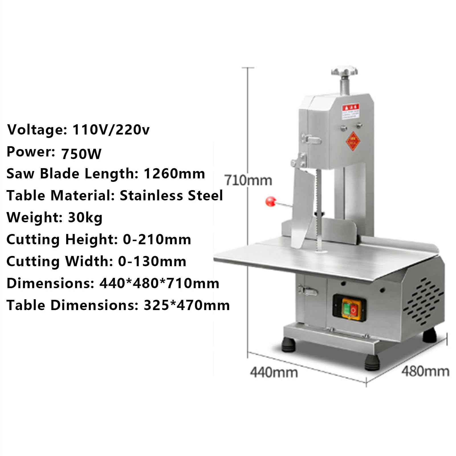 Sierra de Cinta eléctrica Comercial para Carne 750 w Acero Inoxidable,máquina Cortar Huesos,Trabajo 32,2 cm x 47 cm, Ancho máximo de Corte 0-13 cm, cortadora Carne congelada