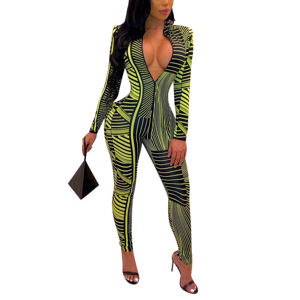 ECHOINE Women's Sexy Zip Up One Piece Outfits Deep V-Neck Long Sleeve Bodycon Long Pants Party Clubwear Jumpsuit Romper