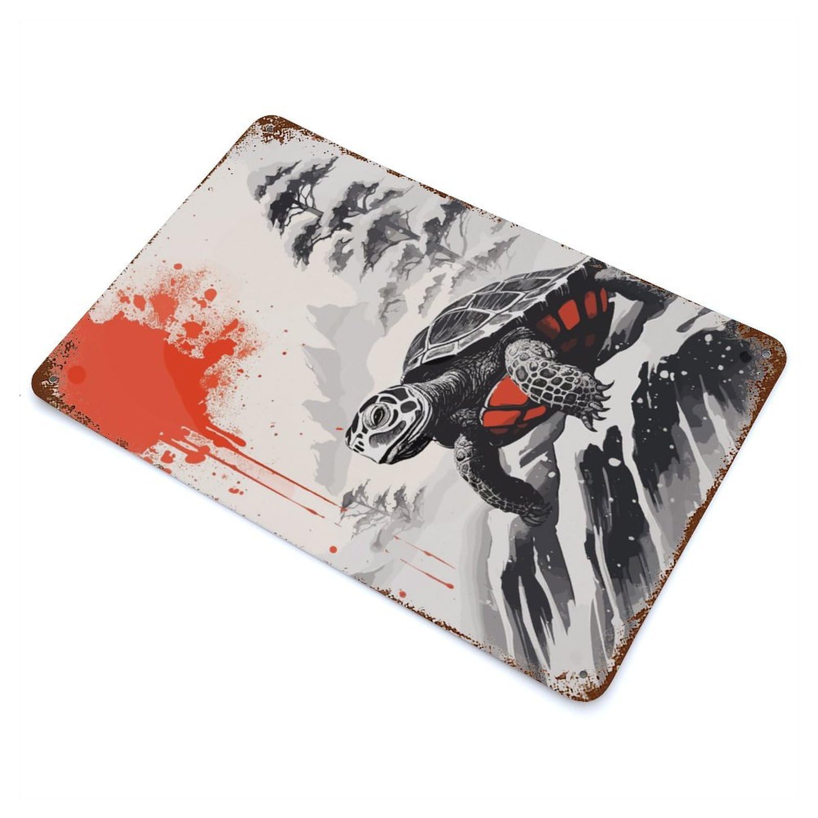 Garage Style Turtle Japanese Painting Aged Metal Wall Plaque 11.8"x7.9", Farmhouse Wall Decor for Bar And Workshop