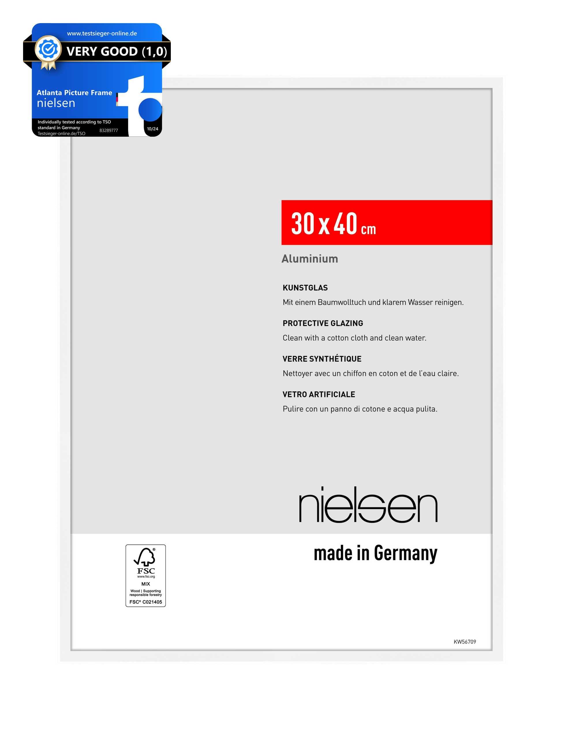 nielsen Atlanta Aluminium Picture Frame - Matt White 30x40cm - with Synthetic Glass and Push-Turn Clips