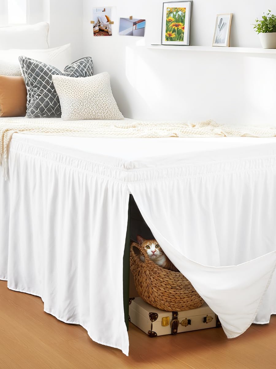 RIMELA White Dorm Bed Skirt with Split Corners Twin XL Size 22 Inch Drop,Elastic Bed Skirting Extra Long Wrap Around, Easy Install Dust Ruffles Soft Fabric Machine Washable