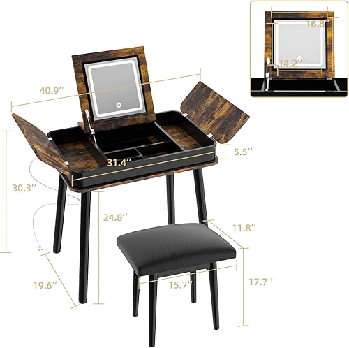 Miniatura 3 de Escritorio retro de madera con espejo, luces, silla y cajones, juego de mesa de maquillaje y taburete de 32 pulgadas en marrón