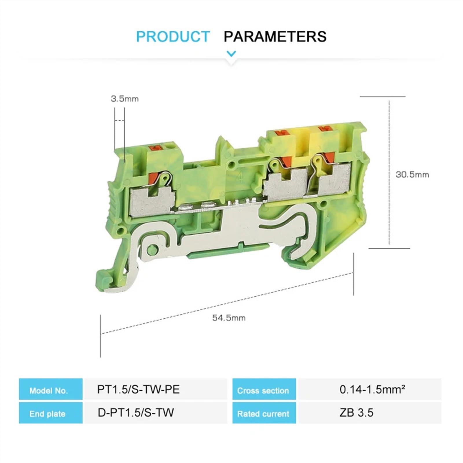PT1.5-TW-PE Bloque de terminales de carril Din de alimentación a tierra a presión, conector eléctrico de cable con enchufe de 1,5 mm², 1 entrada y 2 salidas, PT 1.5-TW-PE (Color : PT 1.5-TW-PE, Size