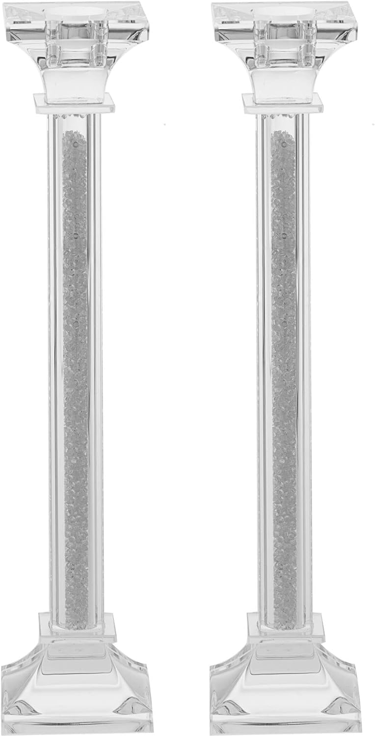(D) Pair of Judaica Candlestick Crystal Silver Candle Holders 2 Pc (10'')