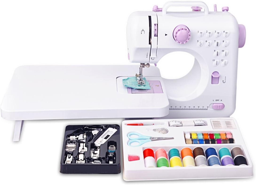 Eunicom 12 Stitches Mini Electric Sewing Machine Multifunction Household Double Thread Double Speed with 11pcs Presser Foot Set And 42 pcs Sewing Accessories Kit Needlework Box Set And Extension Table