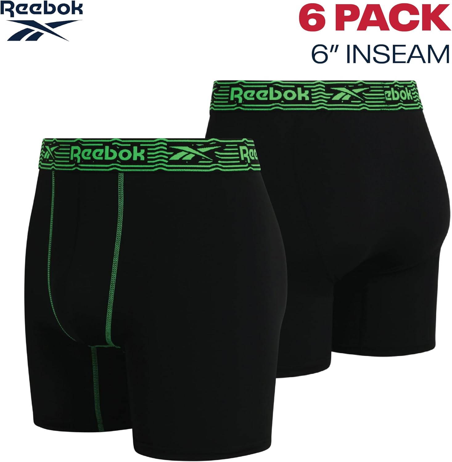 Reebok Mens Boxer Briefs - 6 Pack Stretch Moisture Wicking 6” Inseam Mens Underwear with Contour Pouch Boxers for Men