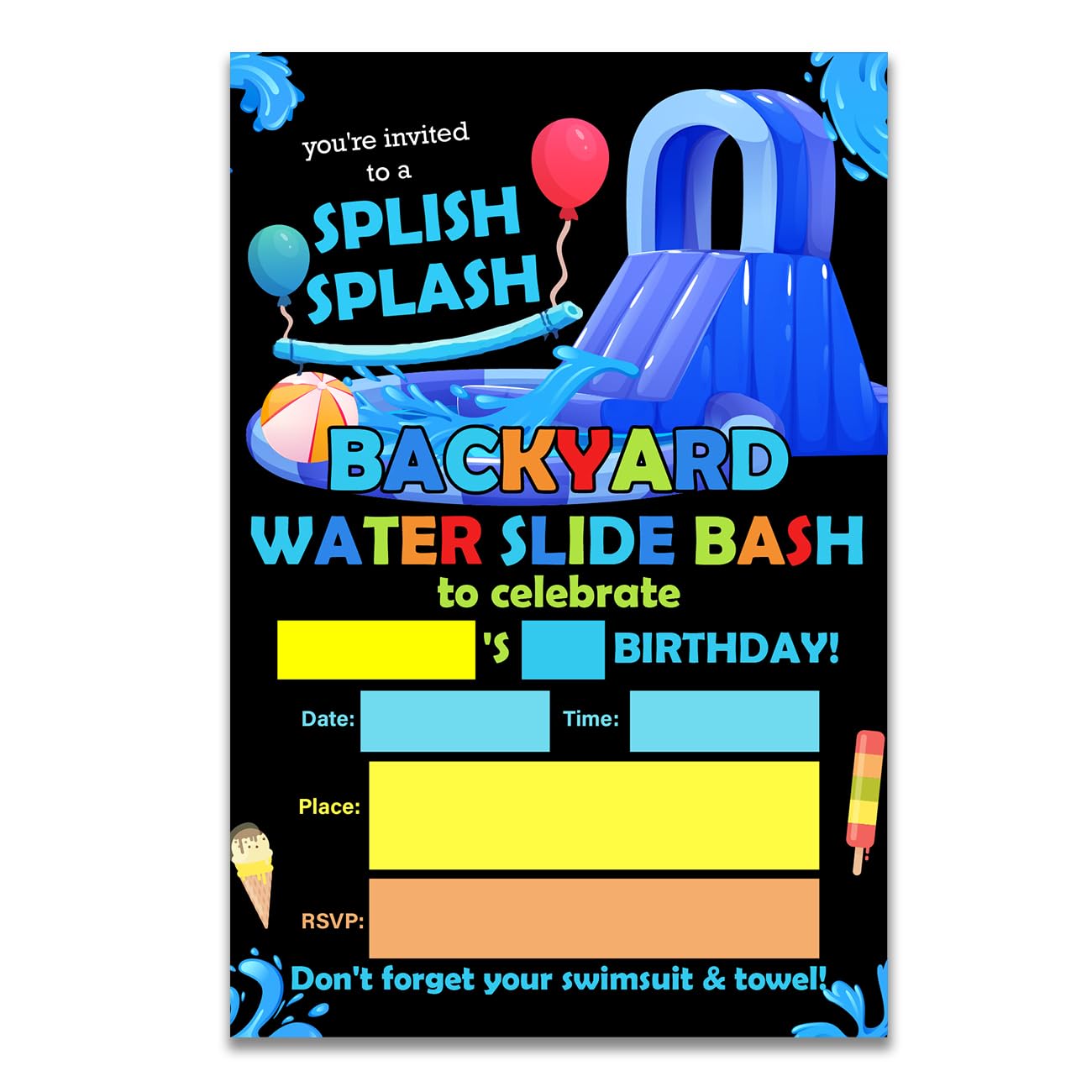 UPNEGE Waterslide Birthday Party Invitations Backyard Water Slide Bash Party Invitations with Envelopes Set of 20