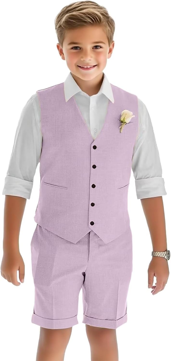 Linen Suit for Boys 2 Piece Vest Shorts Suits Teens Boy Silm Fit Dress Wear Suit for Summer Beach Wedding