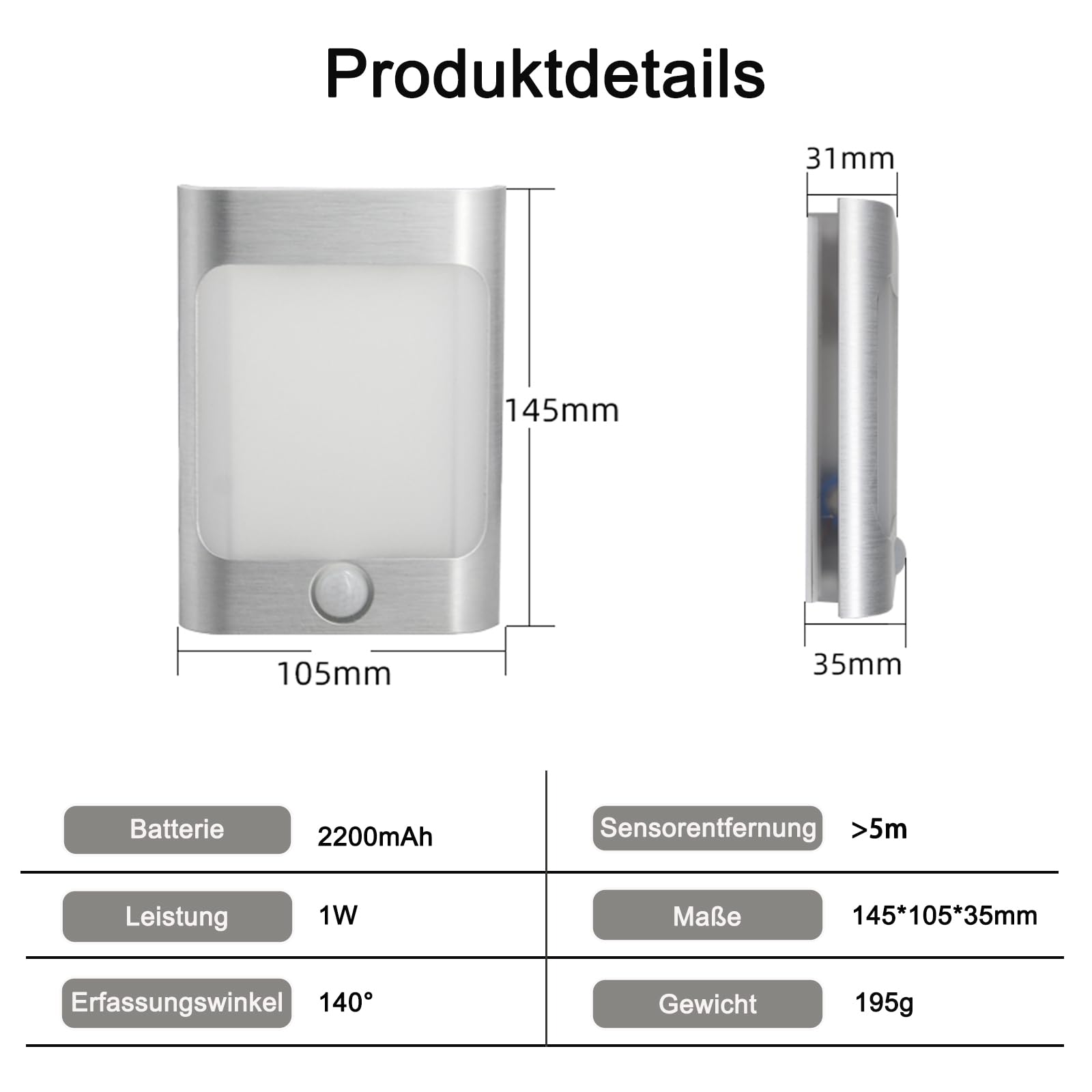Luce Notturna con Sensore di Moviment,2 Piezas,2200mAh USB,Luci Notturne con Sensore di Movimento,Intelligente Connessione Alluminio,ON/OFF/AUTO Modalità,Luce Notturna Bambini per Scale Corridoi