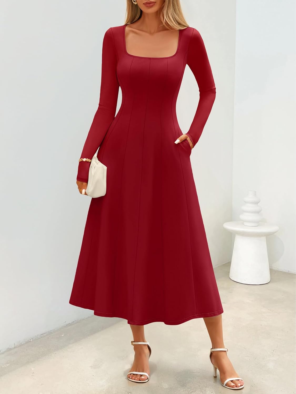 MEROKEETY Women's Fall Dresses 2025 Long Sleeve Square Neck Elegant Classy Winter Cocktail Wedding Guest Midi Dress - Image 2
