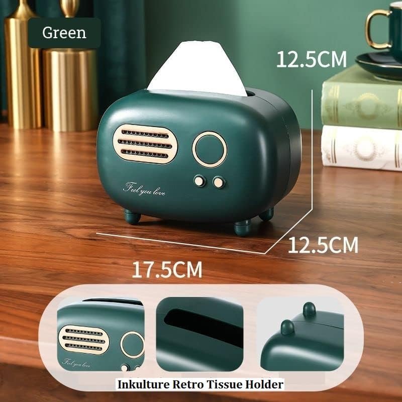 Image of INKULTURE Vintage Retro Tissue Holder Box for Home, Kitchen, Dining Table & Paper, Living Room, Bedroom & Desktop Tissue Storage Organizer | Dark Green | Pack of 01