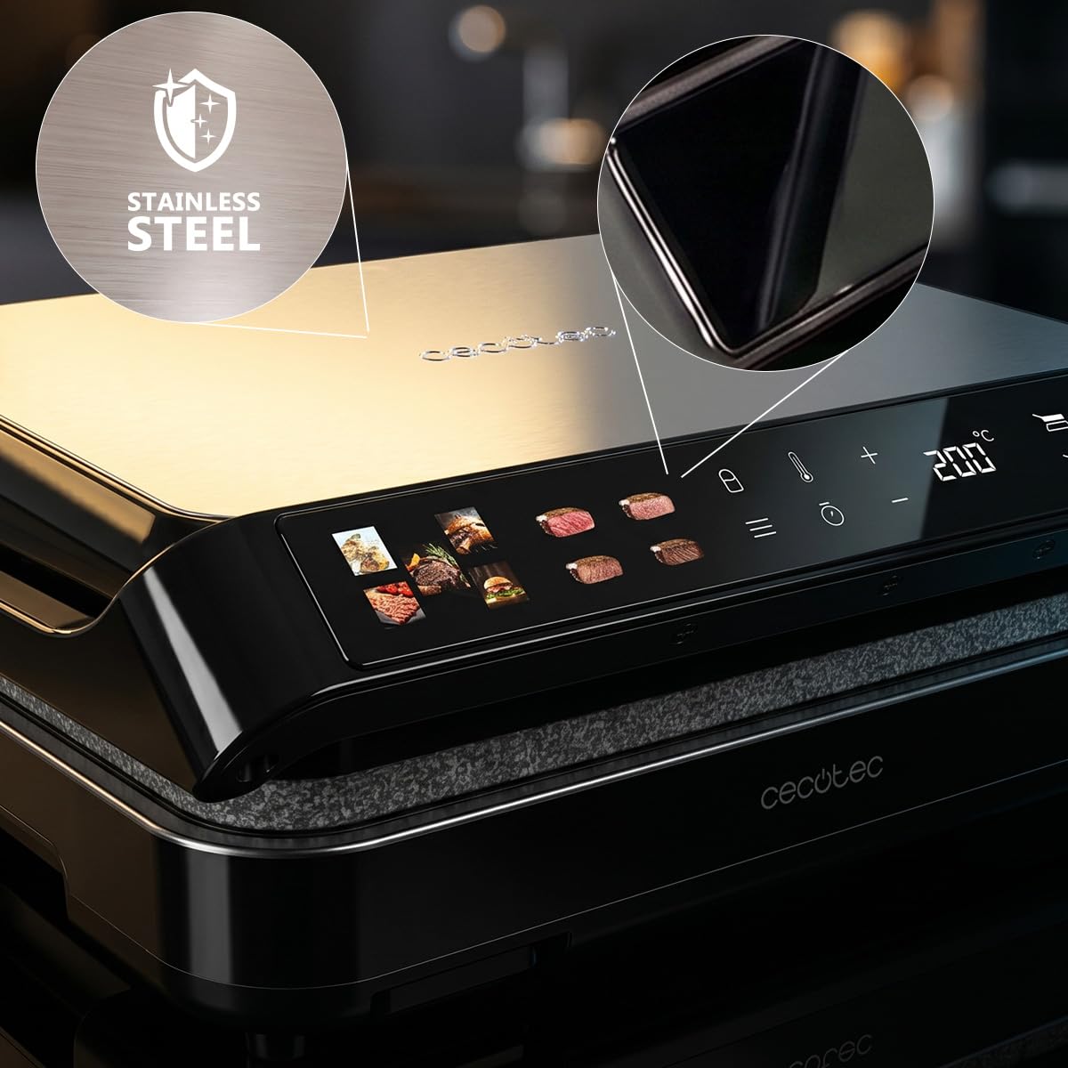 Cecotec Elektrogrill Rock'nGrill 2000 PerfectCook. 2000 W, Temperaturfühler, Touch-Steuerung, Dual-Temp, Öffnung 105 °C, Fettauffang, abnehmbare Platten, 30x23 cm, Edelstahl