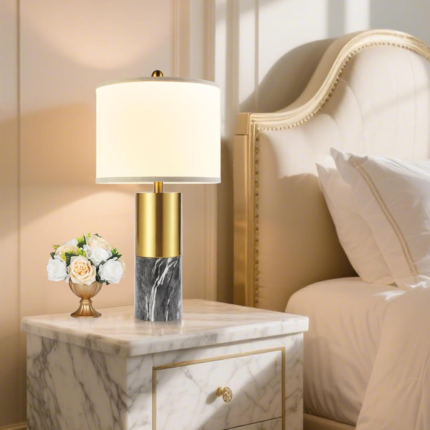 22" Faux Marble Table Lamps Set of 2, Modern 3-Color Temperature Table Lamps with Fabric Shades, Contemporary Bedside Nightstand Lamps for Living Room Bedroom (2 LED Bulbs Included) - Dark Gray & Gold