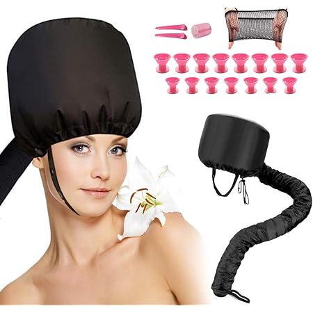 Amazon.com: Capucha portátil para el secador de pelo, accesorio para mujer,  suave y ajustable, con capucha, máscara de acondicionamiento profundo con  15 rulos de silicona para el pelo, para secar, peinar y
