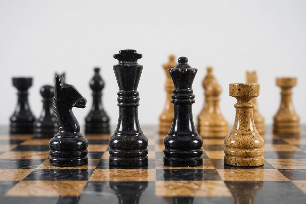 Radicaln Set di scacchi in marmo, 38 cm, nero e oro, gioco fatto a mano, 1 tavola e 32 pezzi, gioco da tavolo per 2 giocatori per adulti