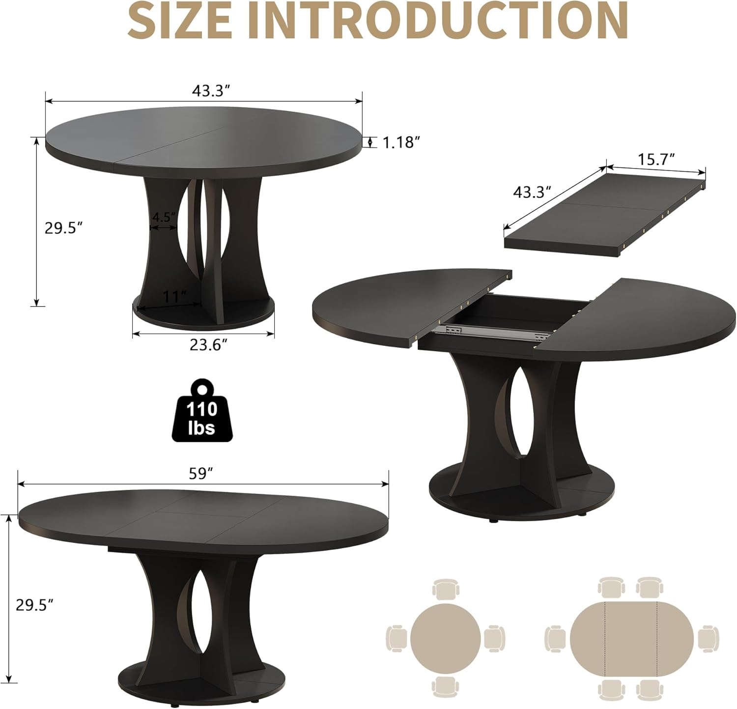 iPormis 43.3-59 Inch Extendable Round Dining Table for 6-8 People, Oval Dinner Table with Adjustable Top and A Stable Round Pedestal Base, Space Saving Wooden Kitchen and Dining Table, Black