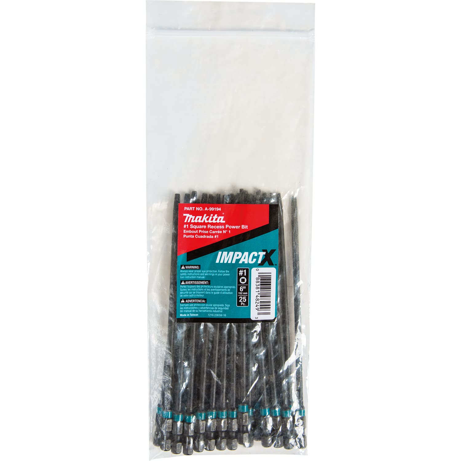 Makita A-99194 Impactx #1 Square Recess 6″ Power Bit, 25 Pack
