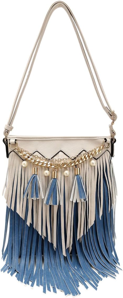 Fringe Messenger Cross-Body with Elegant Chain & Pearl Tassel Detail Women's Handbag Purse (Blue)