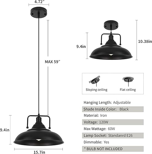 Miniatura 6 de Lámpara colgante negra, lámpara colgante grande de 15.7 pulgadas, paquete de 3 unidades, luces colgantes modernas de granja, luces colgantes de