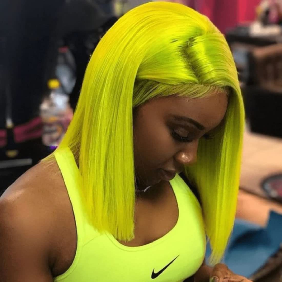 Beauty Forever Lime Green Colored Bob Wig Human Hair 13X4 Frontal Lace Wig Glueless Party Wigs For Women, Short Bob Lace Front Wigs Human Hair Wigs Pre Plucked With Baby Hair 150% Density 12 Inch