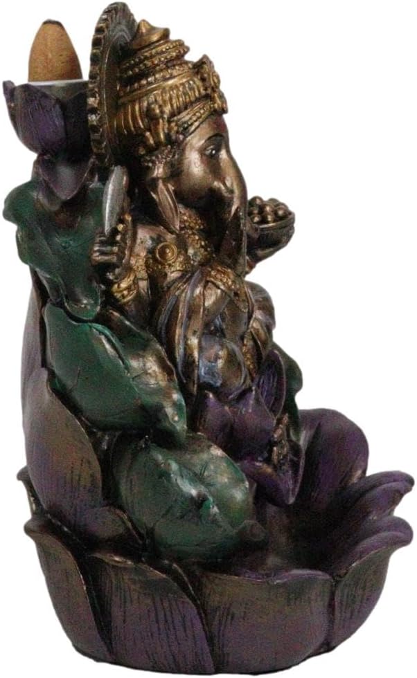 Ebros Hindu Avatar Ganapati Lord Ganesha with 4 Hands Seated On Lotus Throne Backflow Cone Incense Burner Statue 6" Tall Hinduism Vastu God of Wisdom Success and Prosperity Altar Decor Figurine