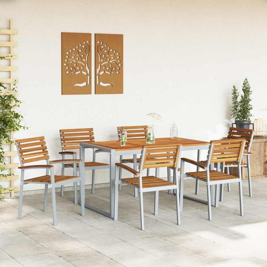 7-częściowy zestaw do jadalni, szare drewno akacjowe, zestaw do jadalni, na taras, balkon, patio, 6 krzeseł i stołu, nowoczesne wzornictwo, odporny na działanie warunków atmosferycznych